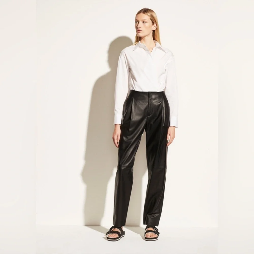 Vince Black Leather Pleat Tapered Pants - Picture 1 of 12